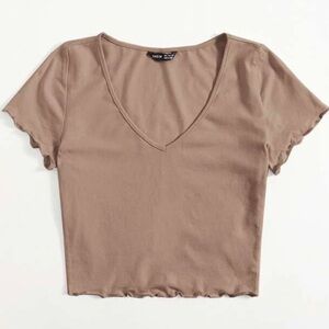 Shein V-Neck Light Brown Lettuce Trim Crop